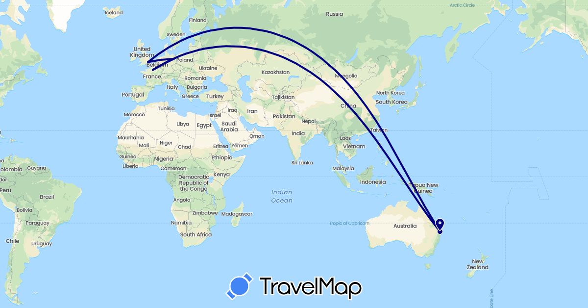 TravelMap itinerary: driving in Australia, Germany, France, United Kingdom (Europe, Oceania)